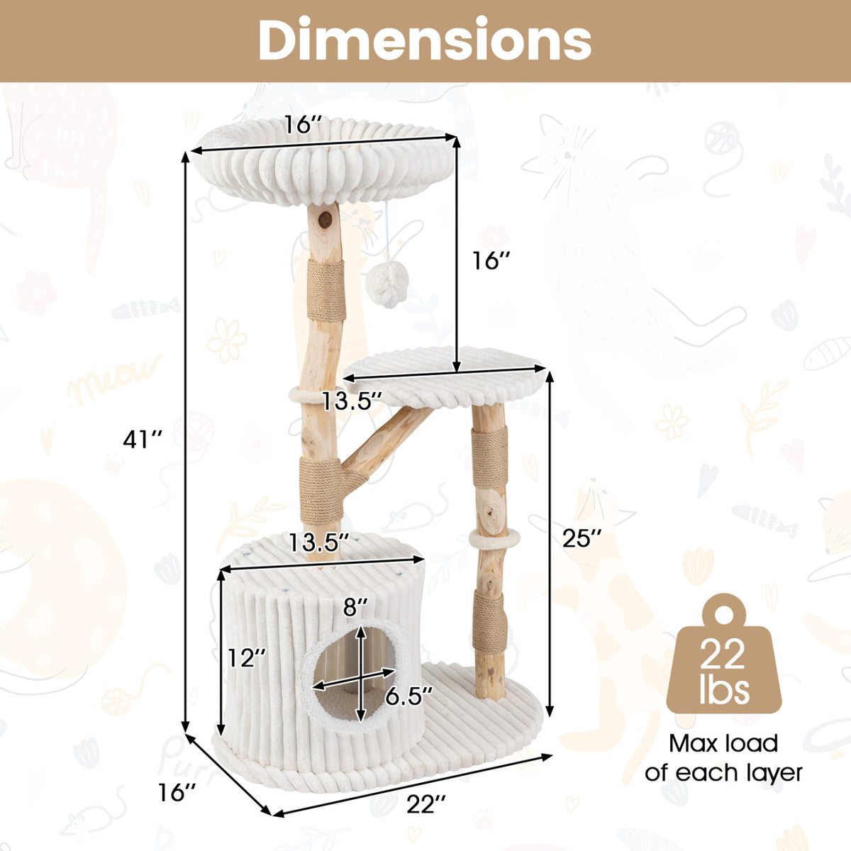 Beige Solid Wood Cat Tree 41 Inch with Real Branches, Scratching Posts & Cozy Bed
