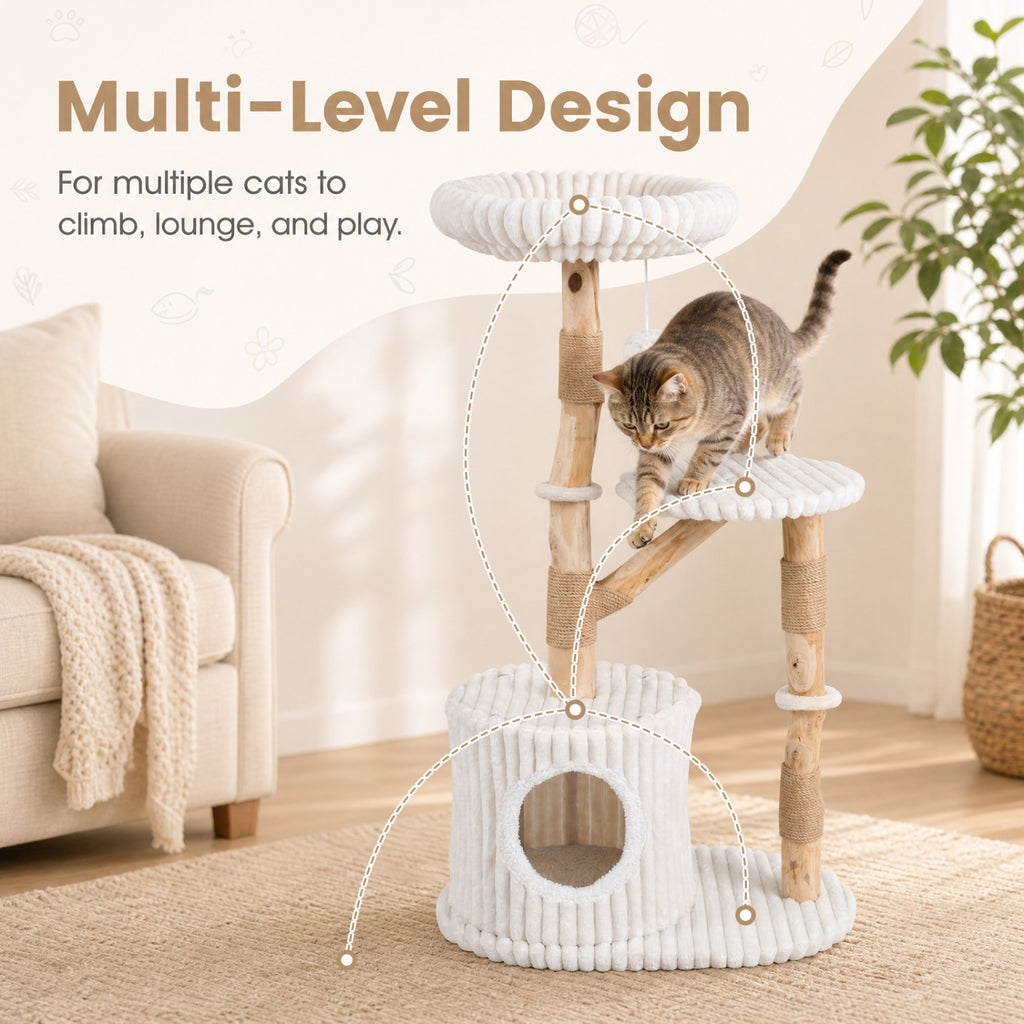 Beige Solid Wood Cat Tree 41 Inch with Real Branches, Scratching Posts & Cozy Bed