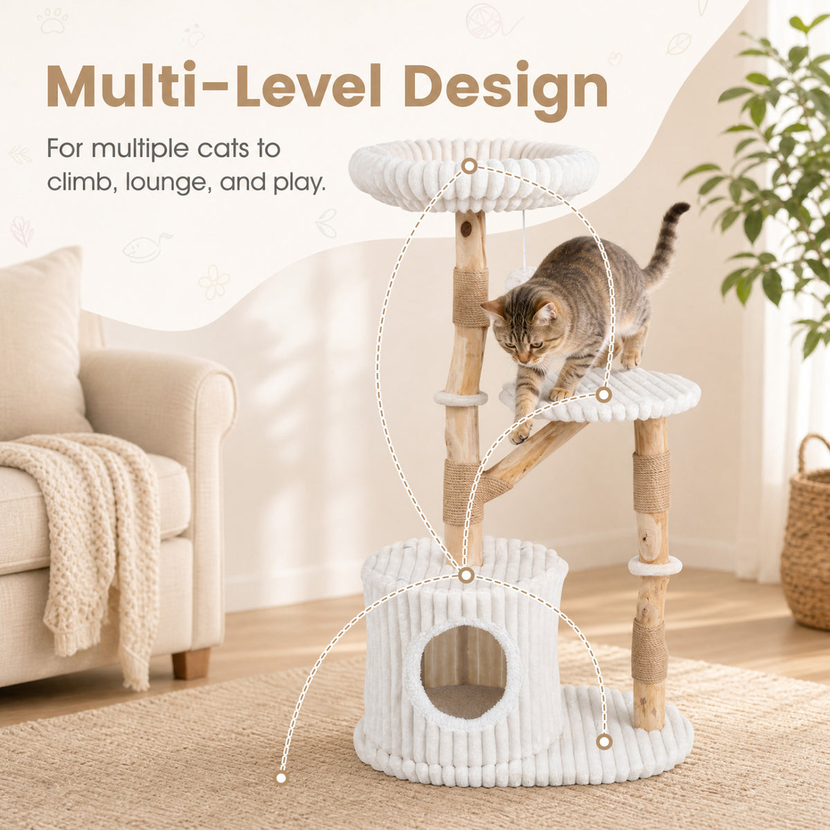 Beige Solid Wood Cat Tree 41 Inch with Real Branches, Scratching Posts & Cozy Bed
