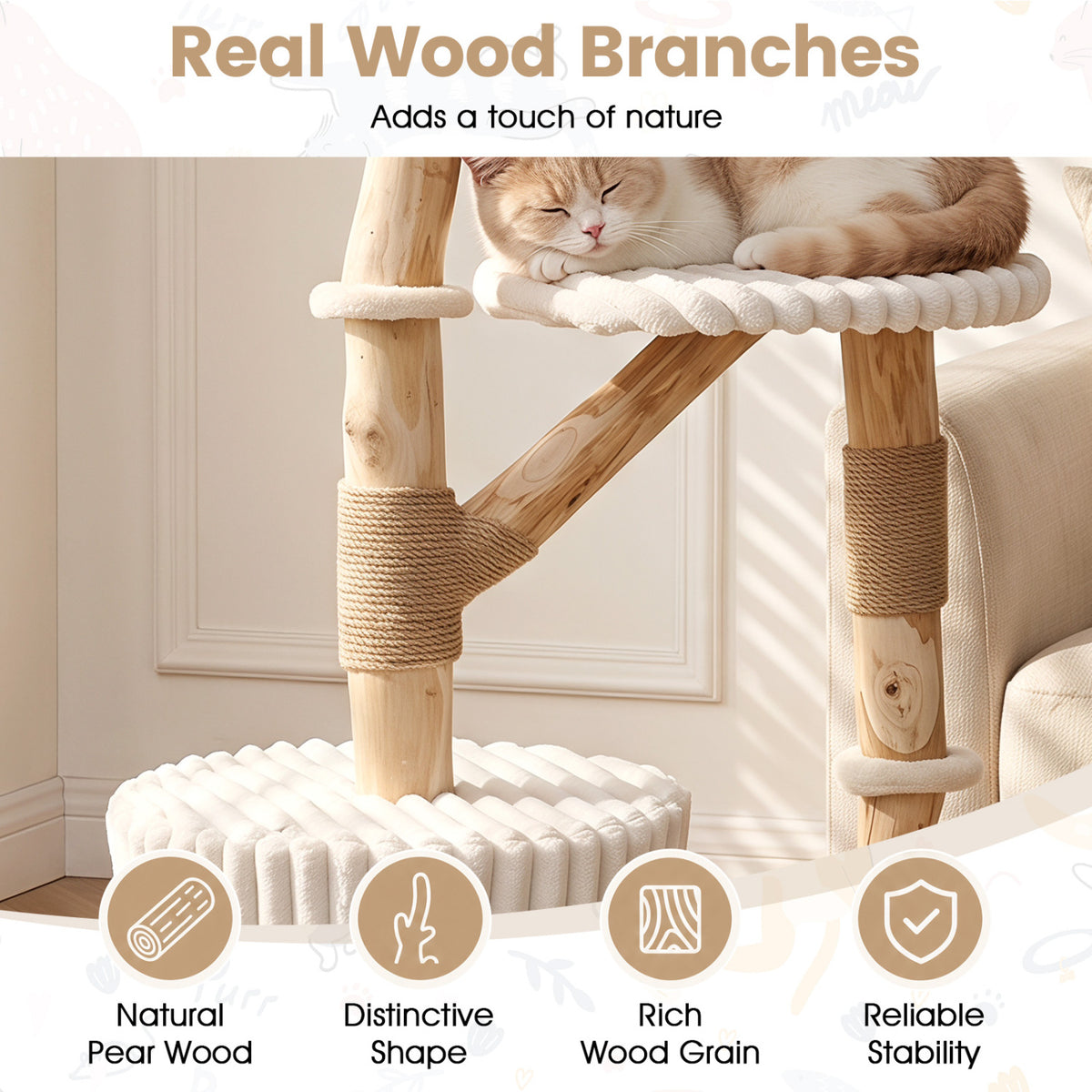 Beige Solid Wood Cat Tree 41 Inch with Real Branches, Scratching Posts & Cozy Bed
