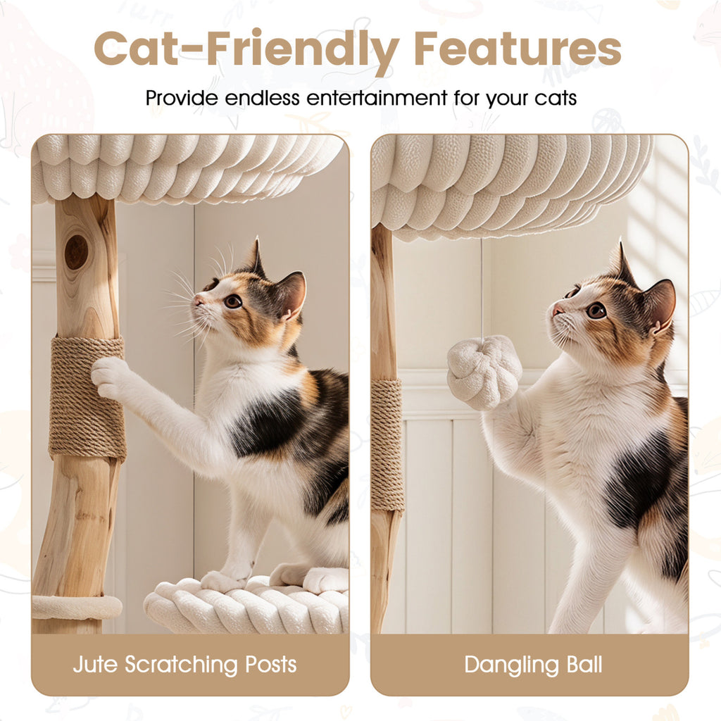 Beige Solid Wood Cat Tree 41 Inch with Real Branches, Scratching Posts & Cozy Bed