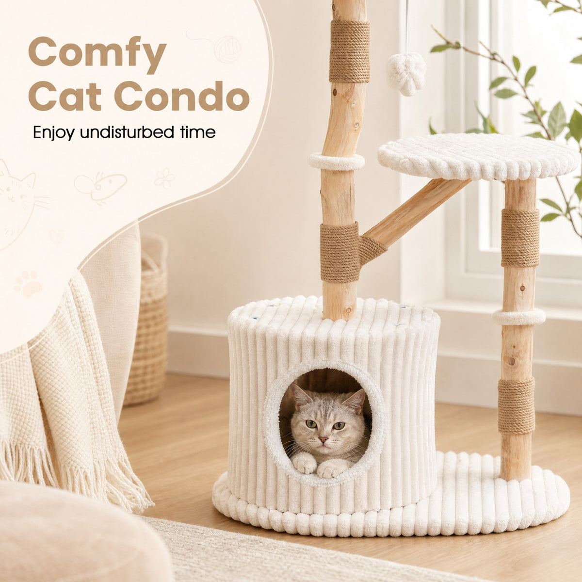 Beige Solid Wood Cat Tree 41 Inch with Real Branches, Scratching Posts & Cozy Bed