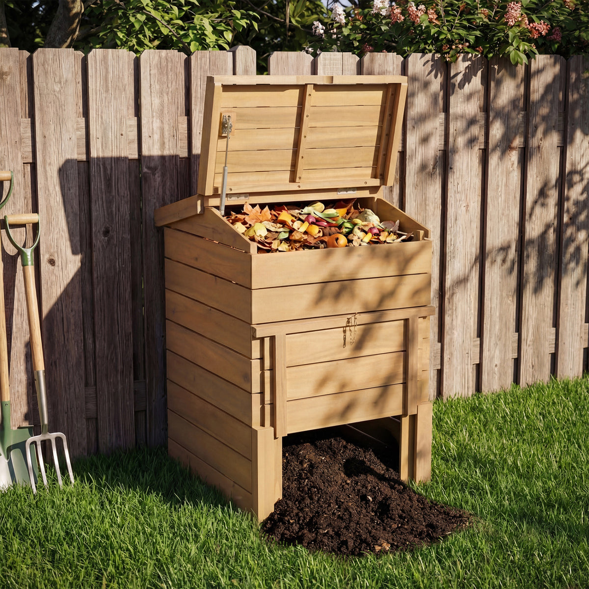 Solid Wood Compost Bin with Lockable Sliding Door and Flip-top