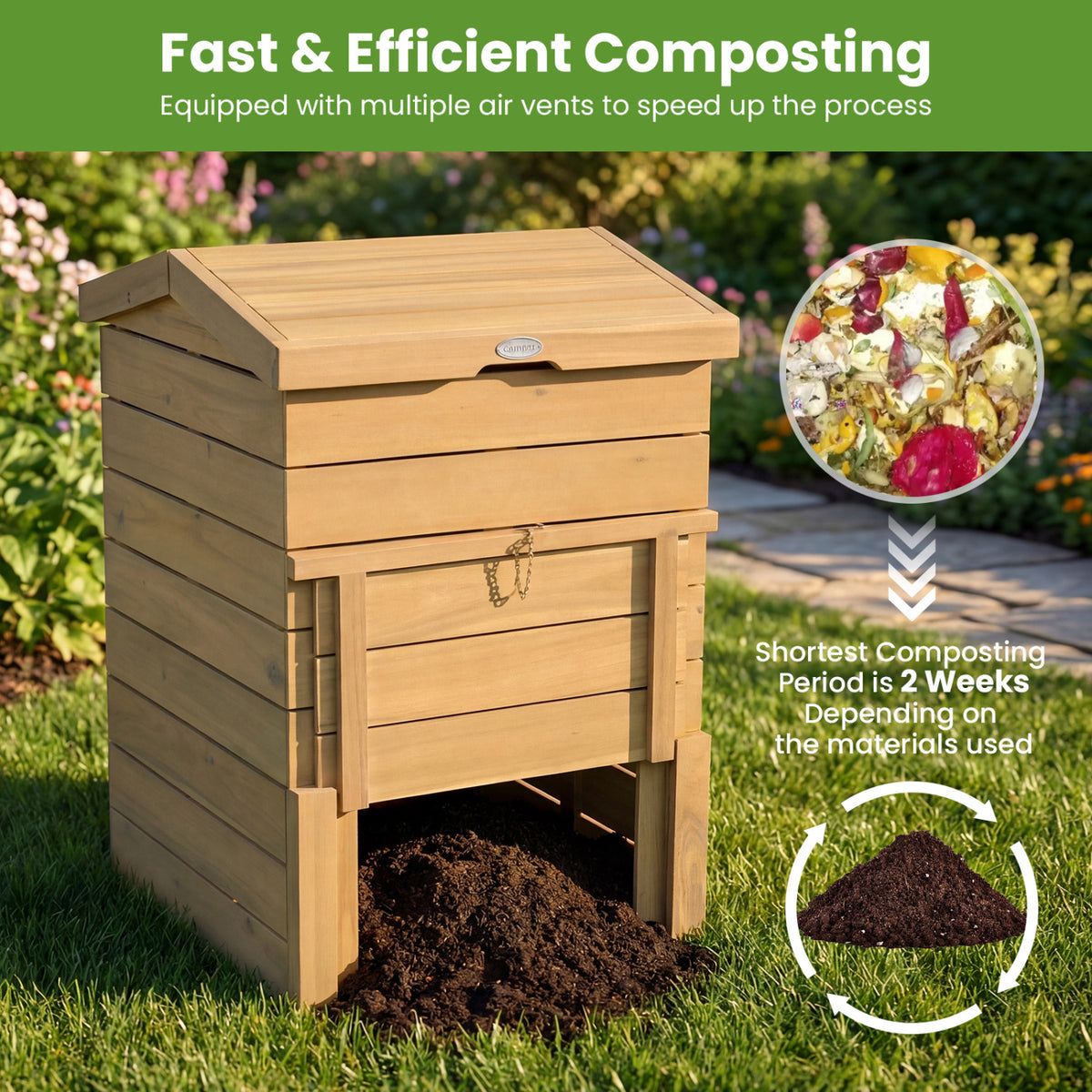 Solid Wood Compost Bin with Lockable Sliding Door and Flip-top