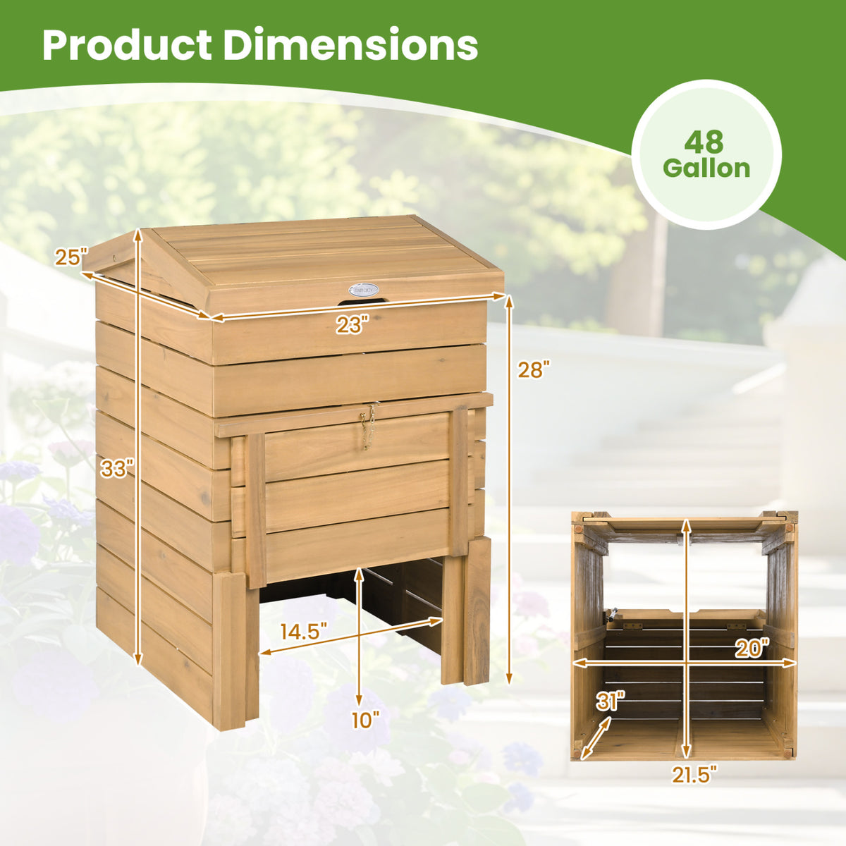 Solid Wood Compost Bin with Lockable Sliding Door and Flip-top