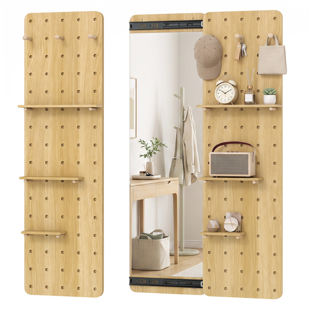 Full Length Mirror with Pegboard Shelves Hooks - Solid Wood Entryway Decor - Natural Variation