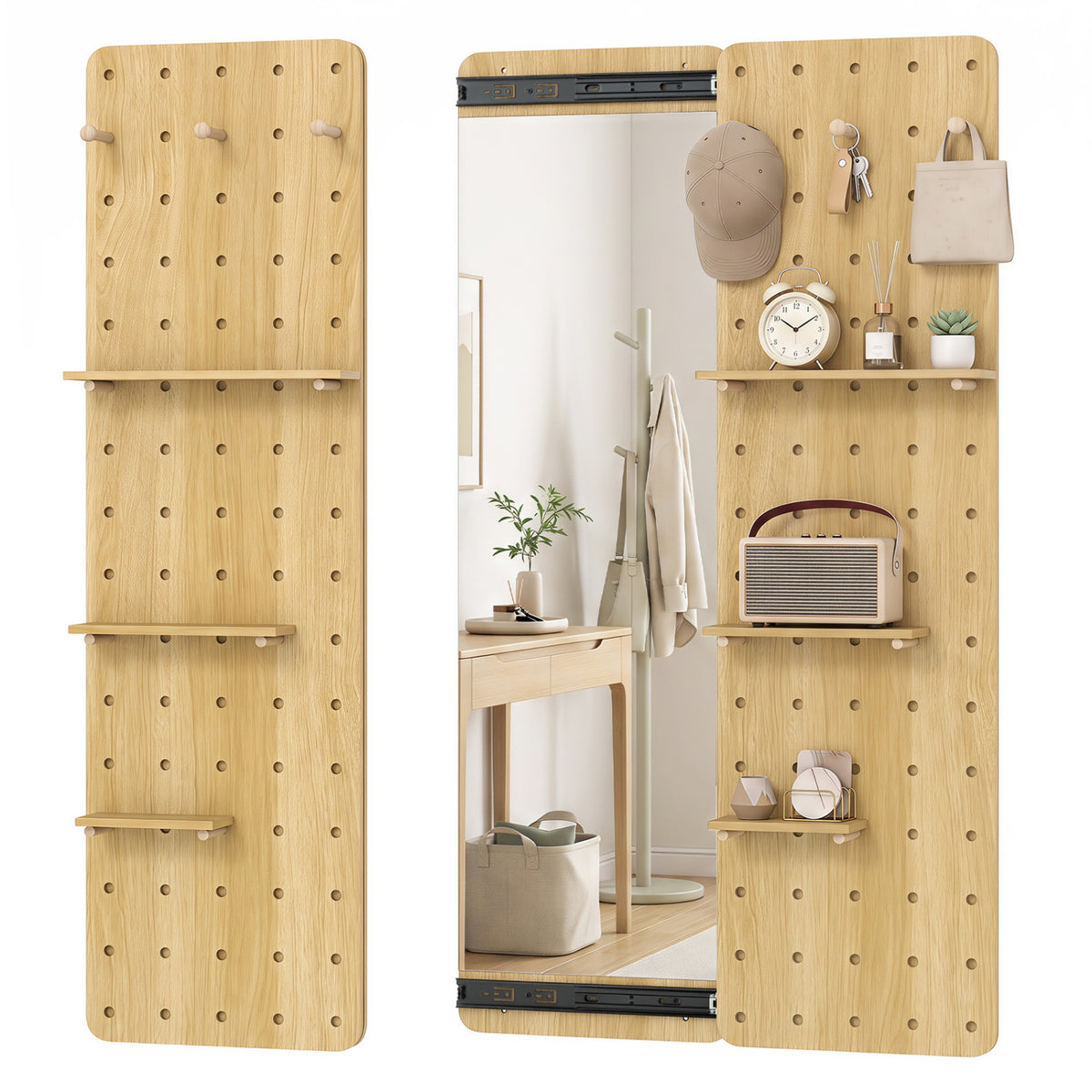 Full Length Mirror with Pegboard Shelves Hooks - Solid Wood Entryway Decor - Natural Variation