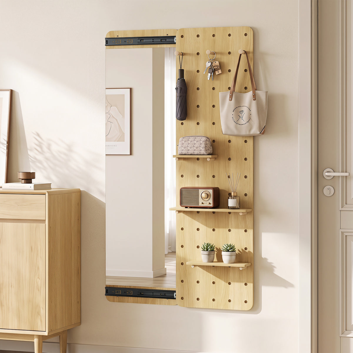 Full Length Mirror with Pegboard Shelves Hooks - Solid Wood Entryway Decor - Natural Variation