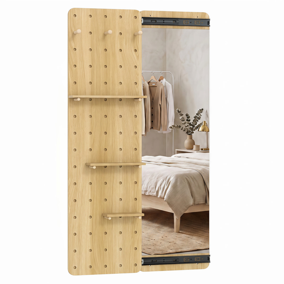 Full Length Mirror with Pegboard Shelves Hooks - Solid Wood Entryway Decor - Natural Variation