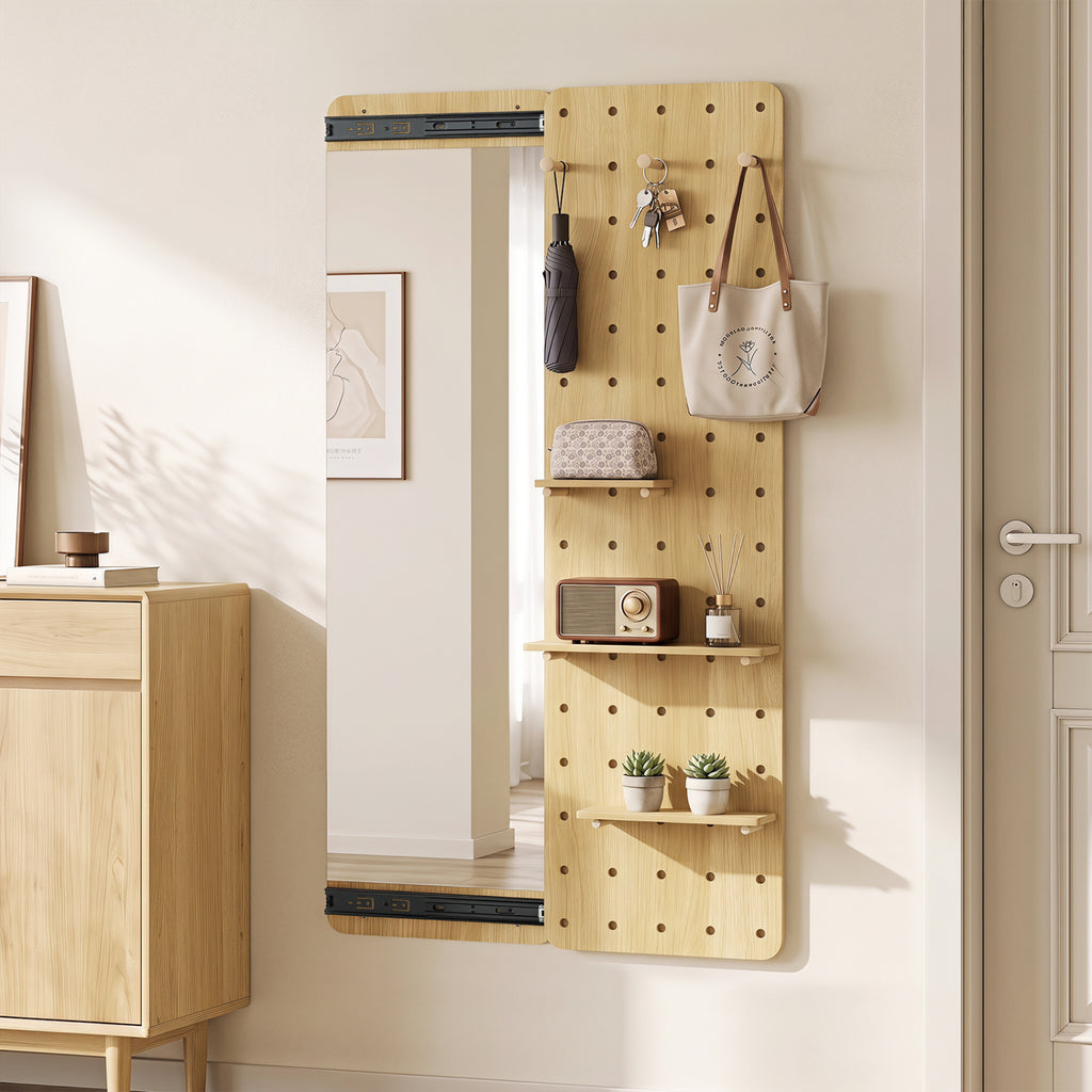 Full Length Mirror with Pegboard Shelves Hooks - Solid Wood Entryway Decor - Natural Variation