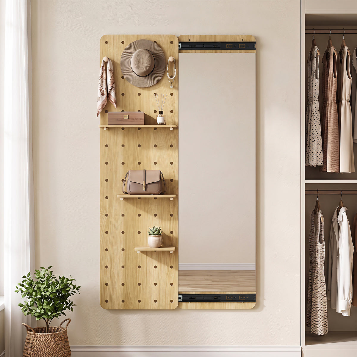 Full Length Mirror with Pegboard Shelves Hooks - Solid Wood Entryway Decor - Natural Variation