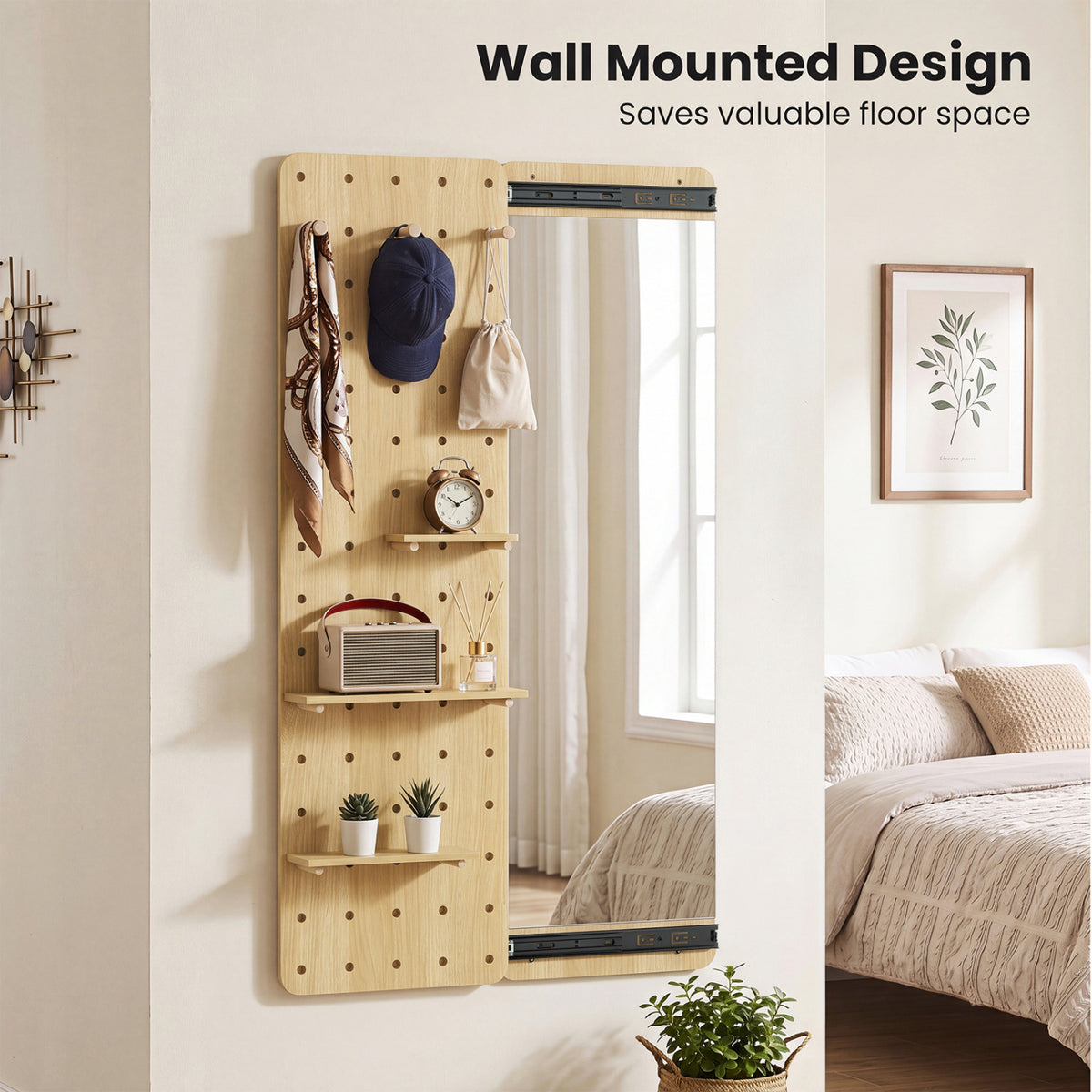 Full Length Mirror with Pegboard Shelves Hooks - Solid Wood Entryway Decor - Natural Variation