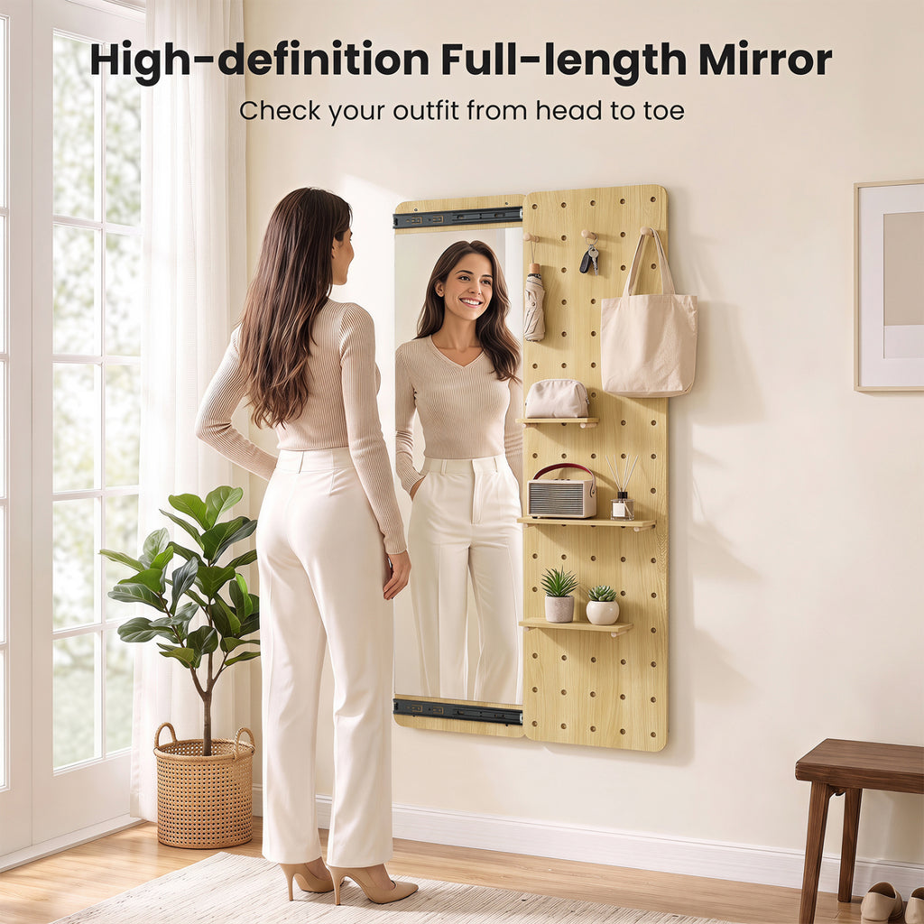 Full Length Mirror with Pegboard Shelves Hooks - Solid Wood Entryway Decor - Natural Variation