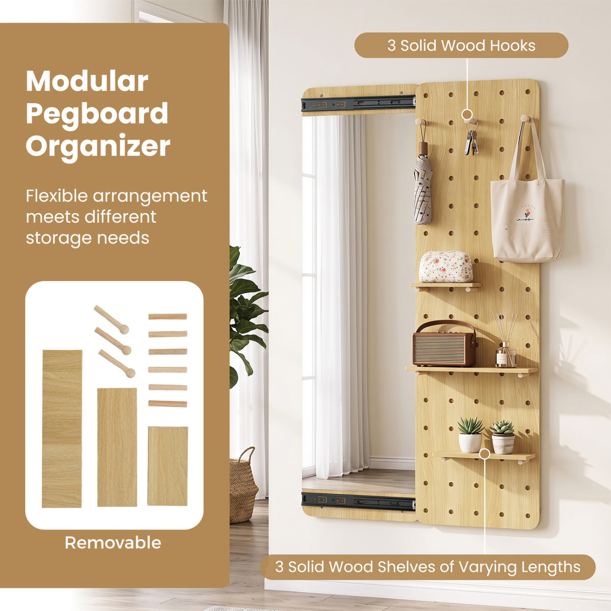 Full Length Mirror with Pegboard Shelves Hooks - Solid Wood Entryway Decor - Natural Variation