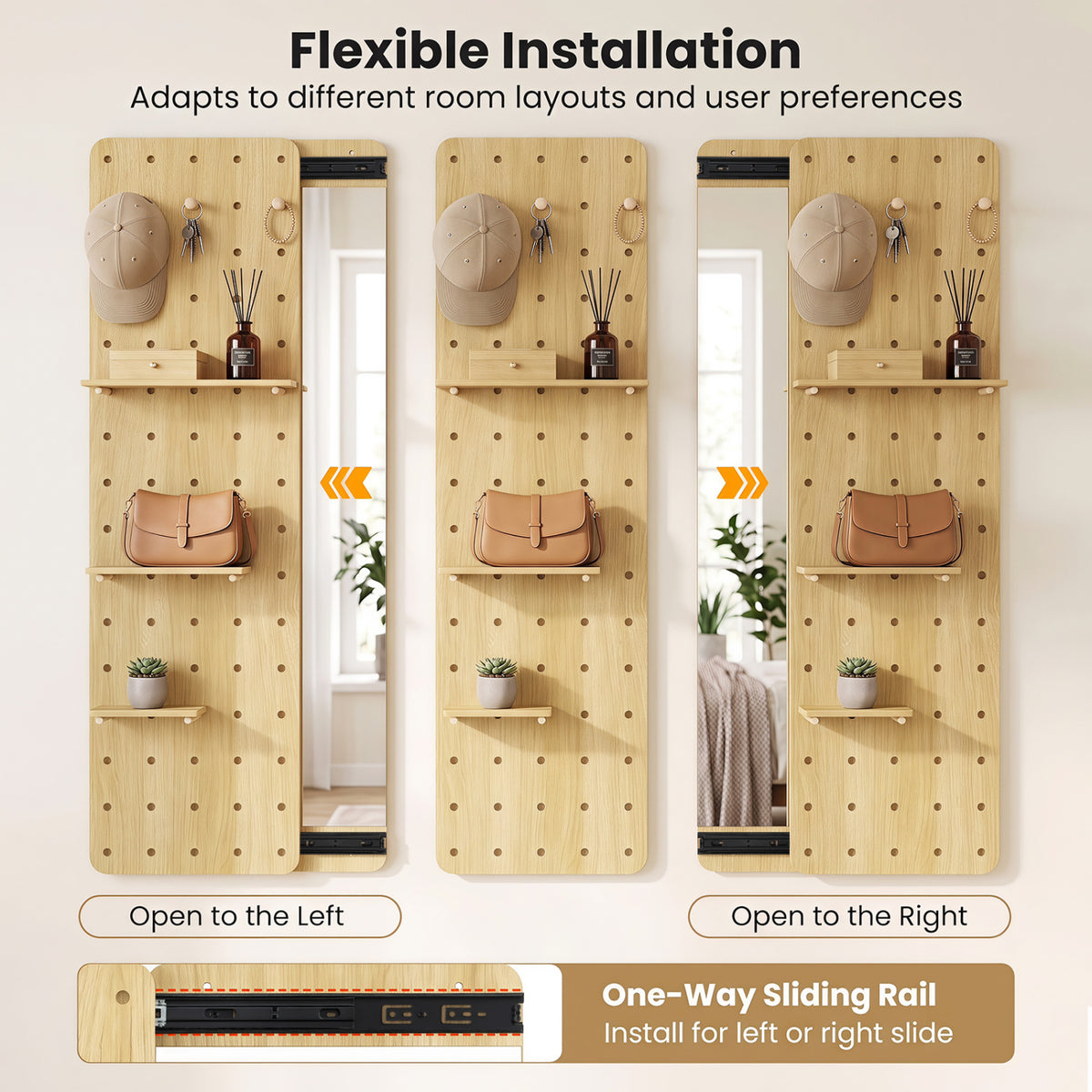 Full Length Mirror with Pegboard Shelves Hooks - Solid Wood Entryway Decor - Natural Variation