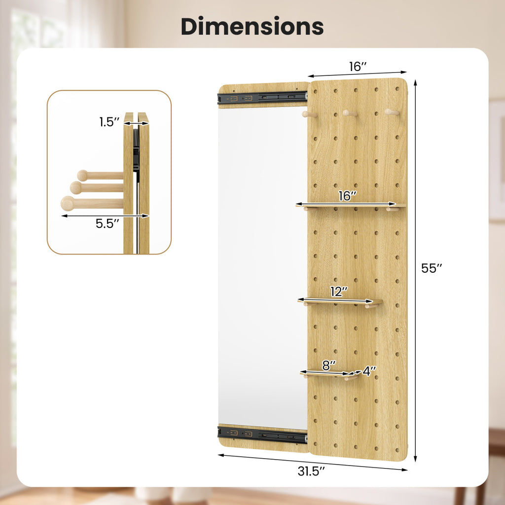 Full Length Mirror with Pegboard Shelves Hooks - Solid Wood Entryway Decor - Natural Variation