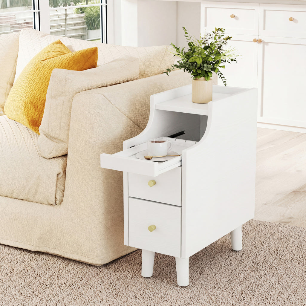 Wood Nightstand with Pull-Out Tray & 2 Drawers - White