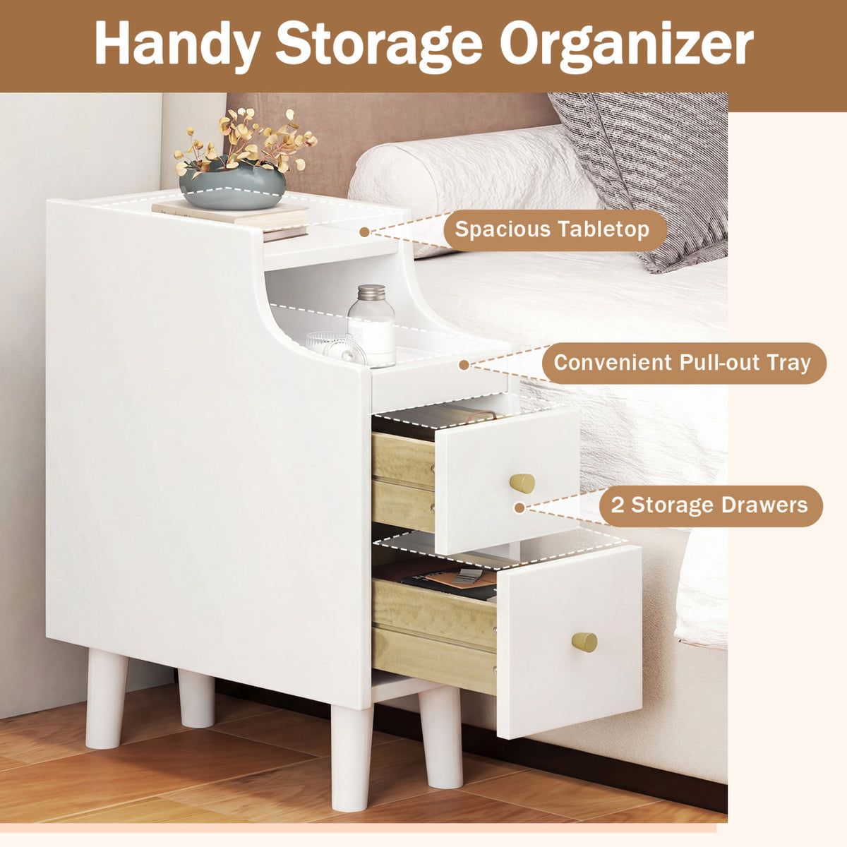 Wood Nightstand with Pull-Out Tray & 2 Drawers - White