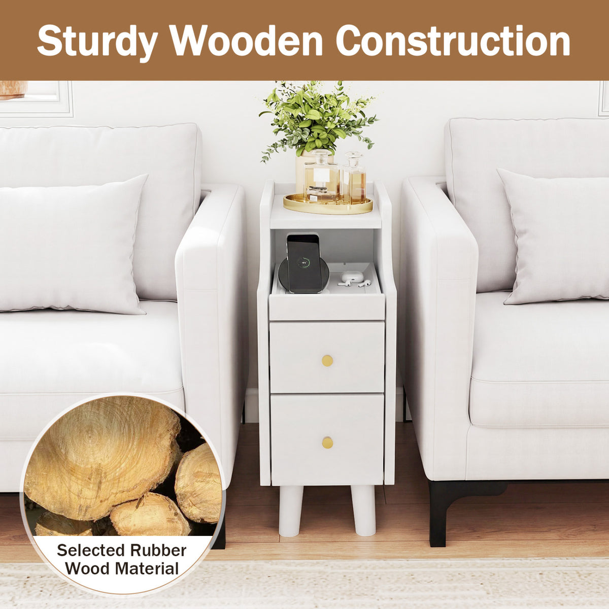 Wood Nightstand with Pull-Out Tray & 2 Drawers - White