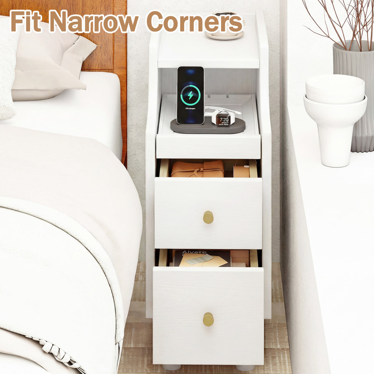 Wood Nightstand with Pull-Out Tray & 2 Drawers - White