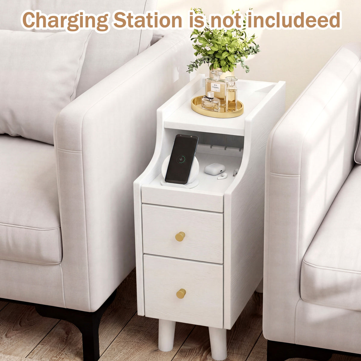 Wood Nightstand with Pull-Out Tray & 2 Drawers - White