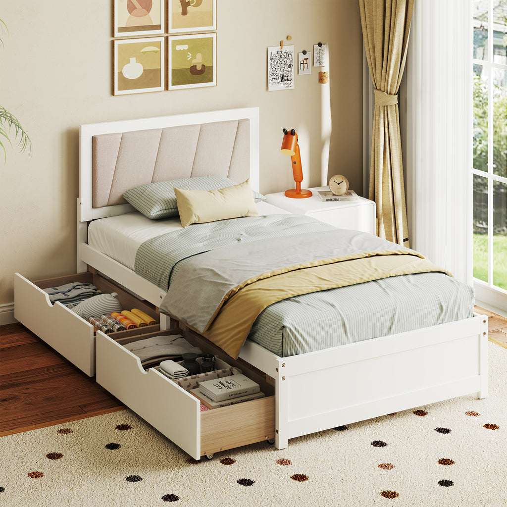 Twin Size Bed Frame with Storage Drawers & Upholstered Headboard