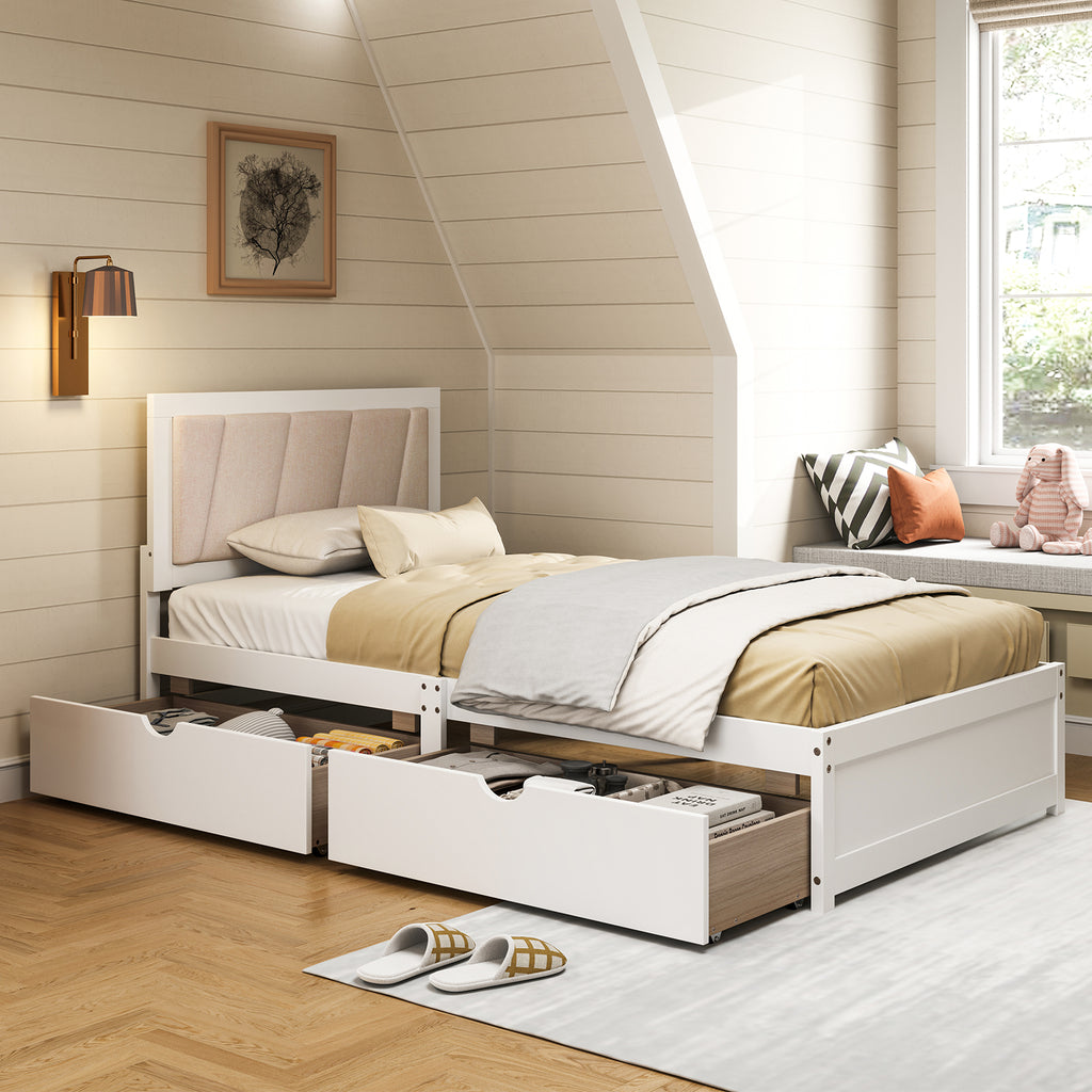 Twin Size Bed Frame with Storage Drawers & Upholstered Headboard
