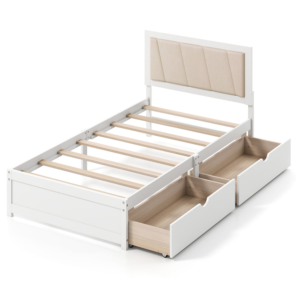 Twin Size Bed Frame with Storage Drawers & Upholstered Headboard