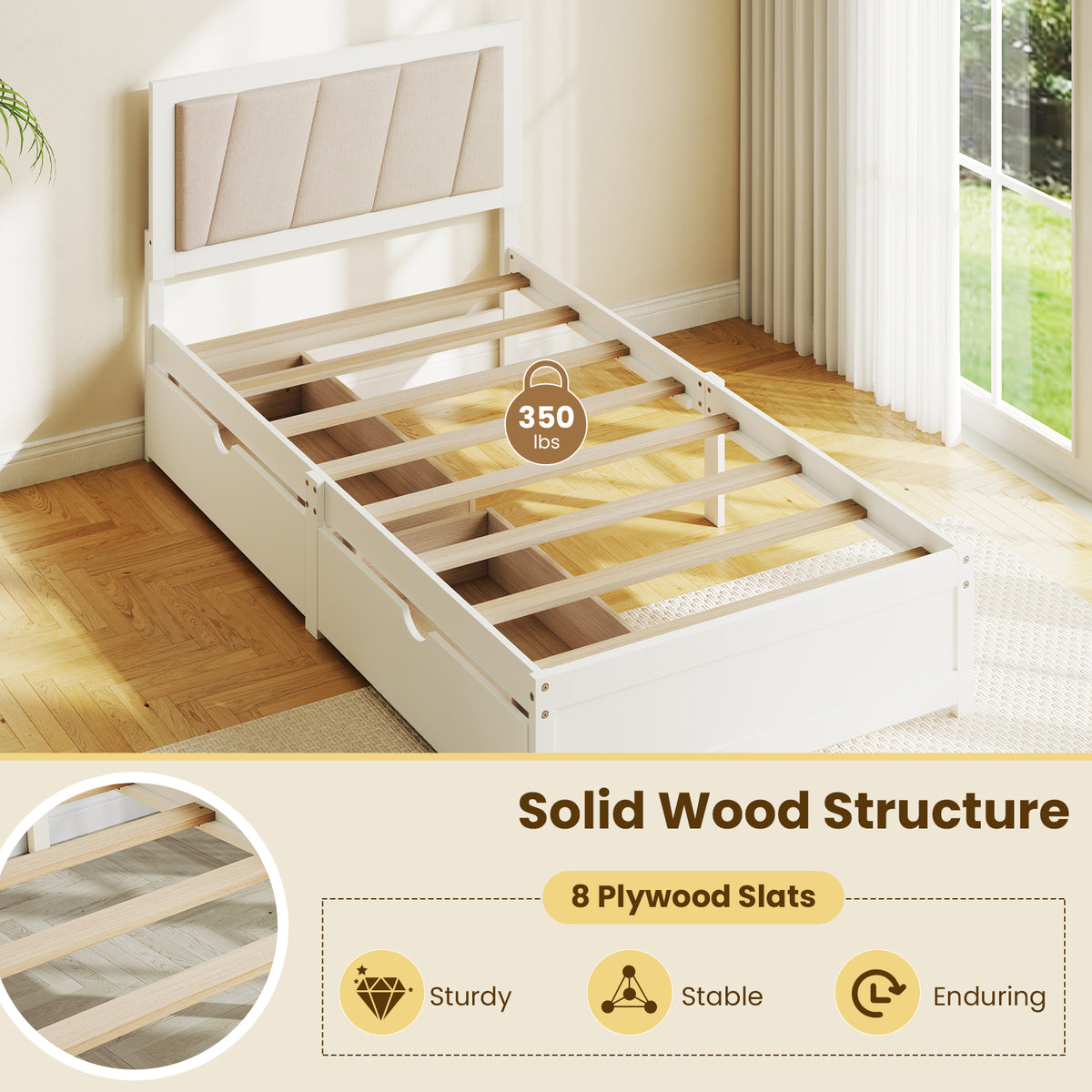 Twin Size Bed Frame with Storage Drawers & Upholstered Headboard
