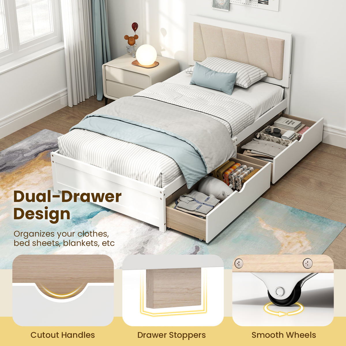 Twin Size Bed Frame with Storage Drawers & Upholstered Headboard