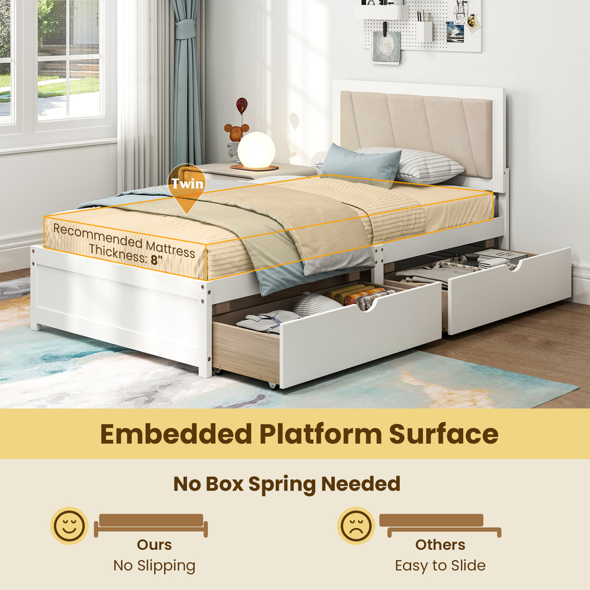 Twin Size Bed Frame with Storage Drawers & Upholstered Headboard