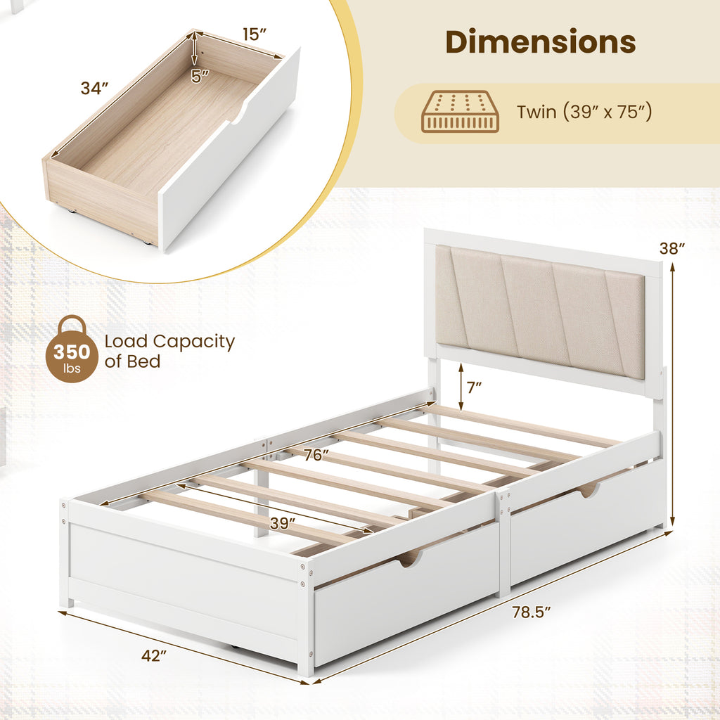 Twin Size Bed Frame with Storage Drawers & Upholstered Headboard