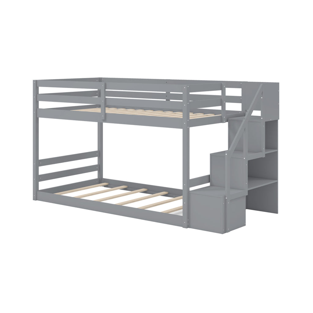 Twin Over Full Bunk Bed with Storage Stairs - Gray