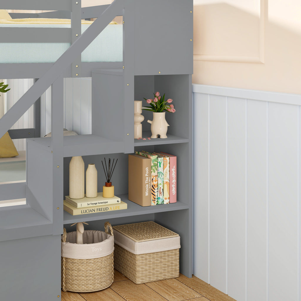 Twin Over Full Bunk Bed with Storage Stairs - Gray