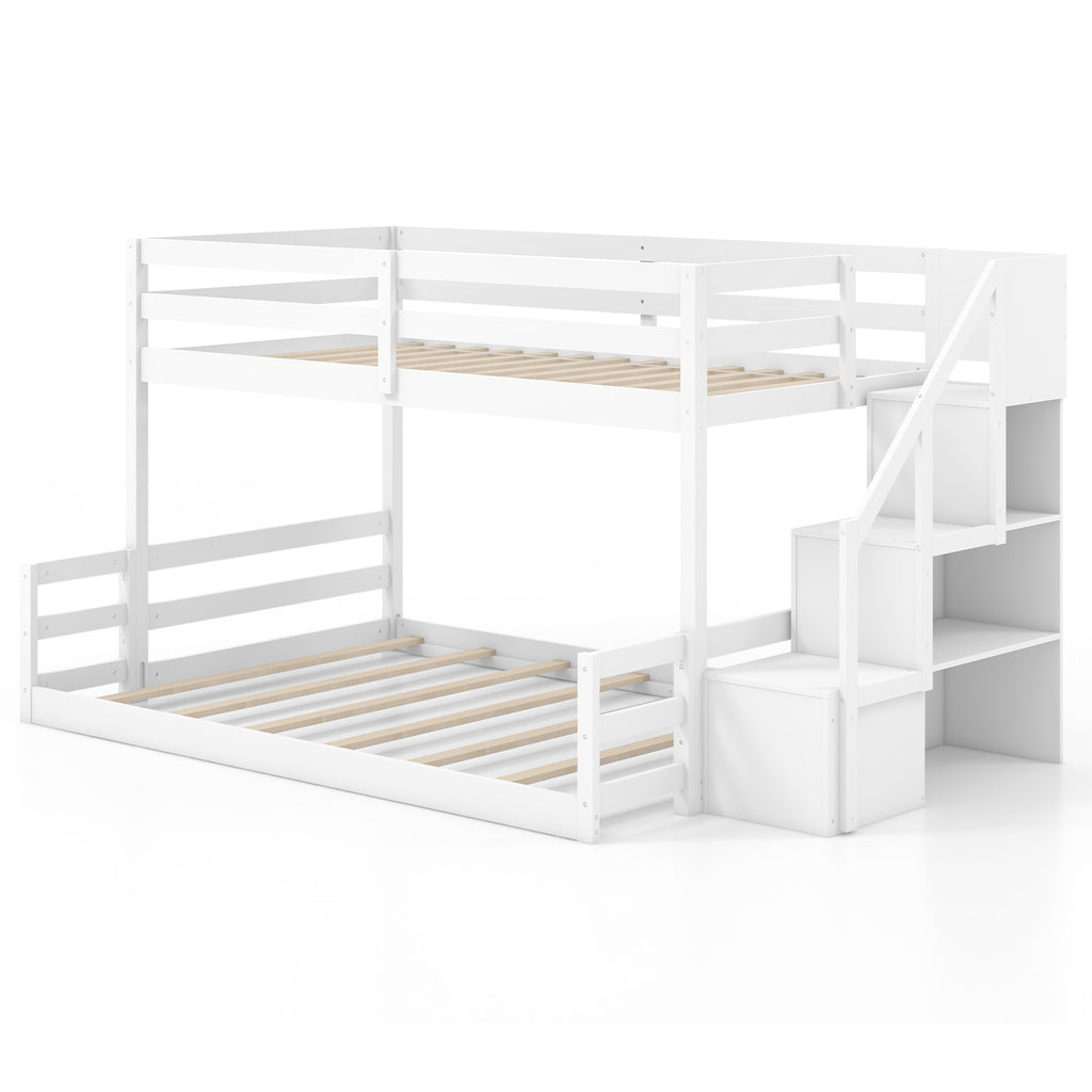 Twin Over Twin Low Bunk Bed with Storage Stairs, White