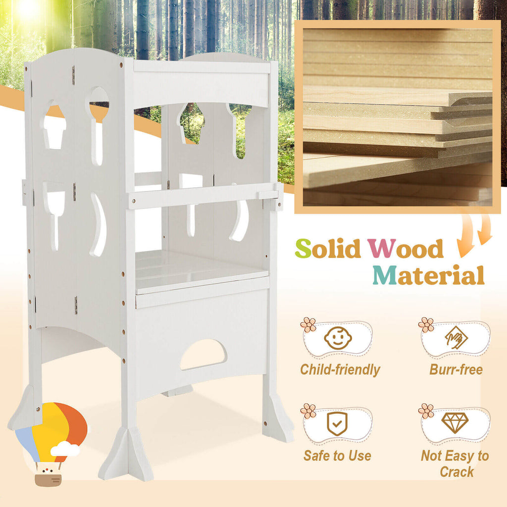 White Folding Wooden Step Stool with Lockable Safety Rail for Toddlers 3+