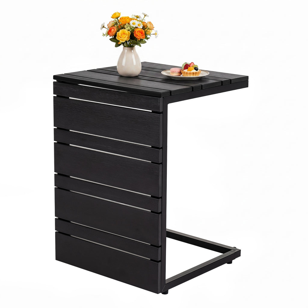 C-Shaped Side Table with Wood-Plastic Top - Black
