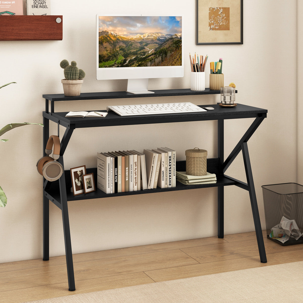 Computer Desk with Monitor Stand and Storage Shelf - Black