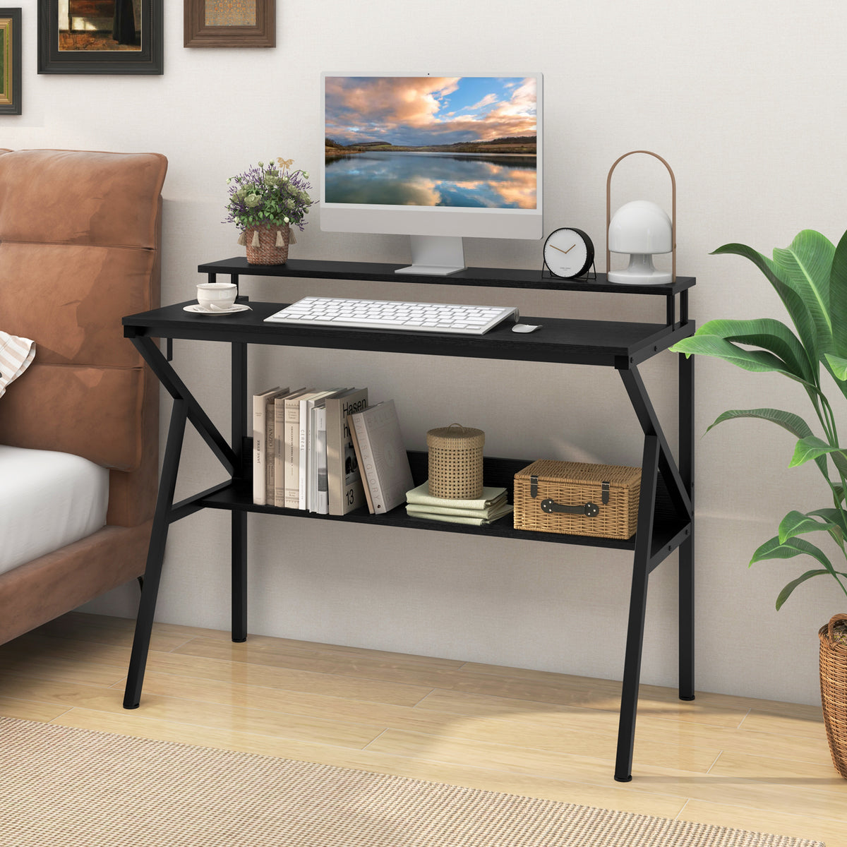 Computer Desk with Monitor Stand and Storage Shelf - Black
