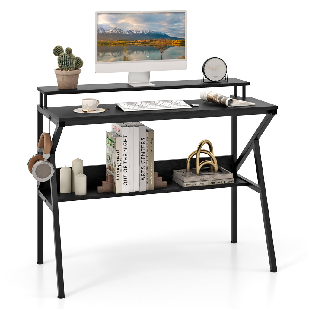 Computer Desk with Monitor Stand and Storage Shelf - Black