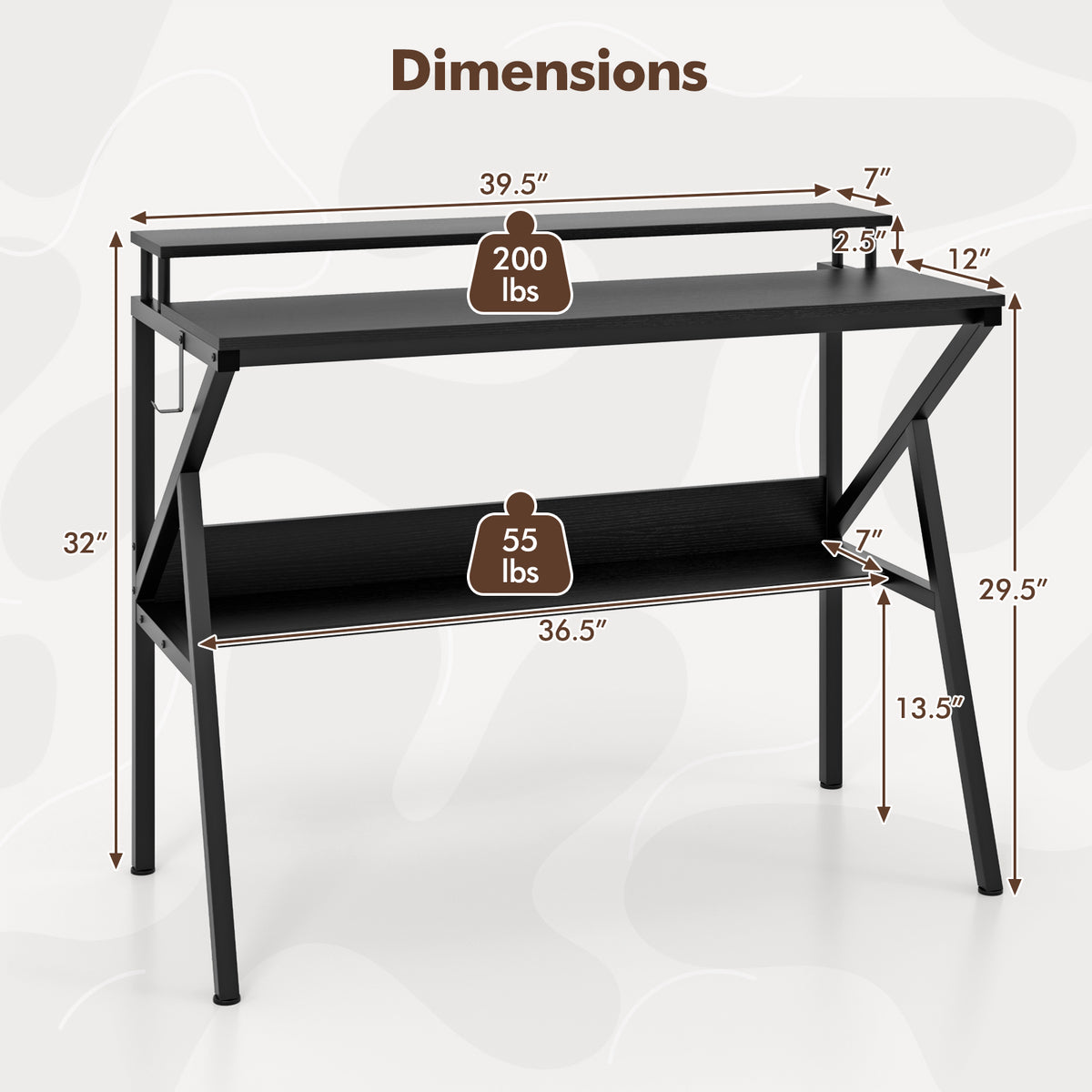 Computer Desk with Monitor Stand and Storage Shelf - Black