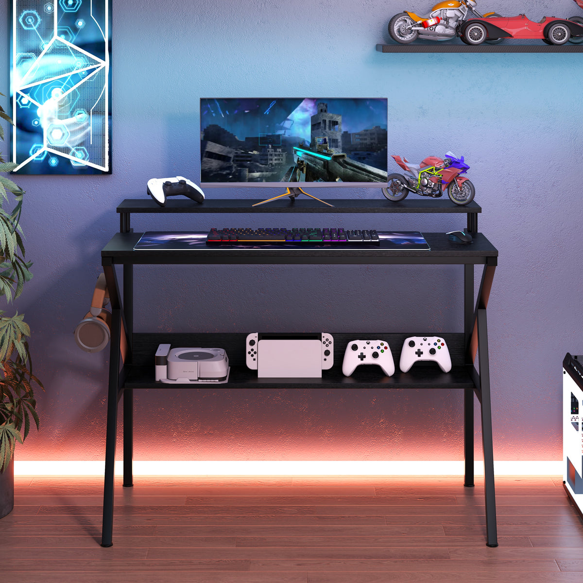 Computer Desk with Monitor Stand and Storage Shelf - Black