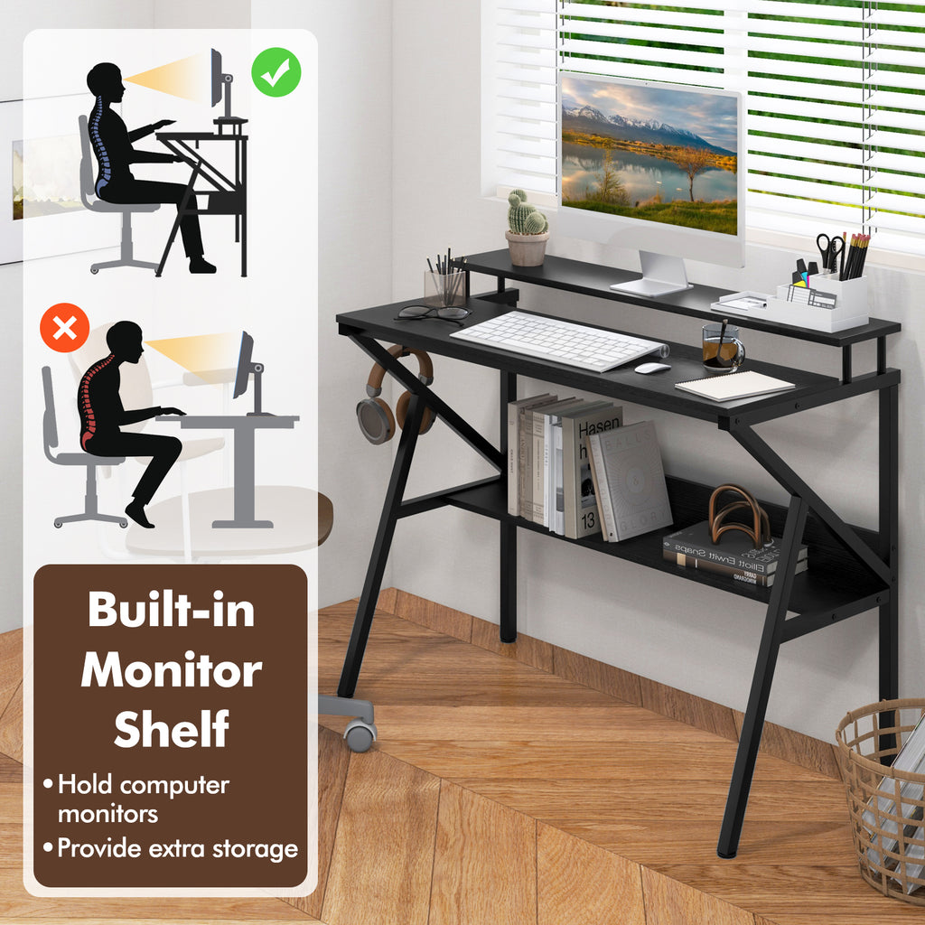 Computer Desk with Monitor Stand and Storage Shelf - Black