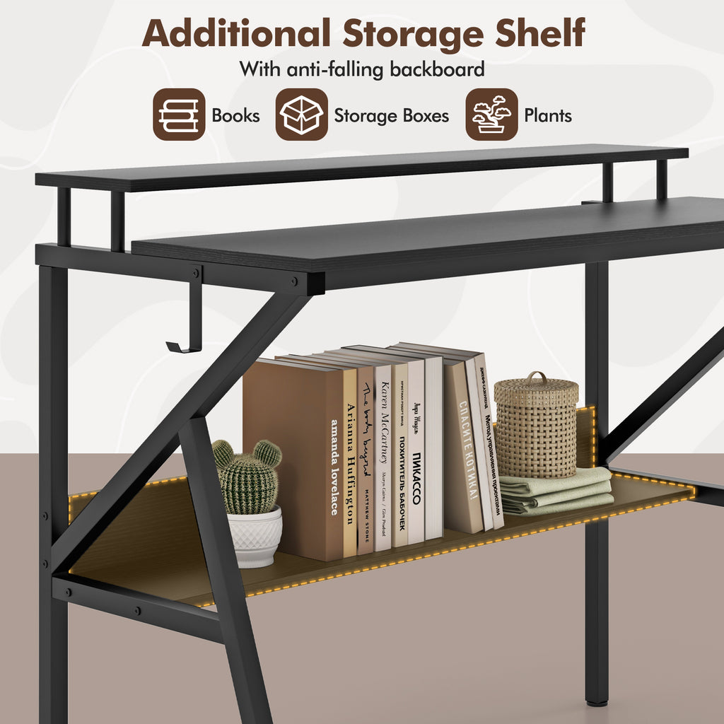 Computer Desk with Monitor Stand and Storage Shelf - Black