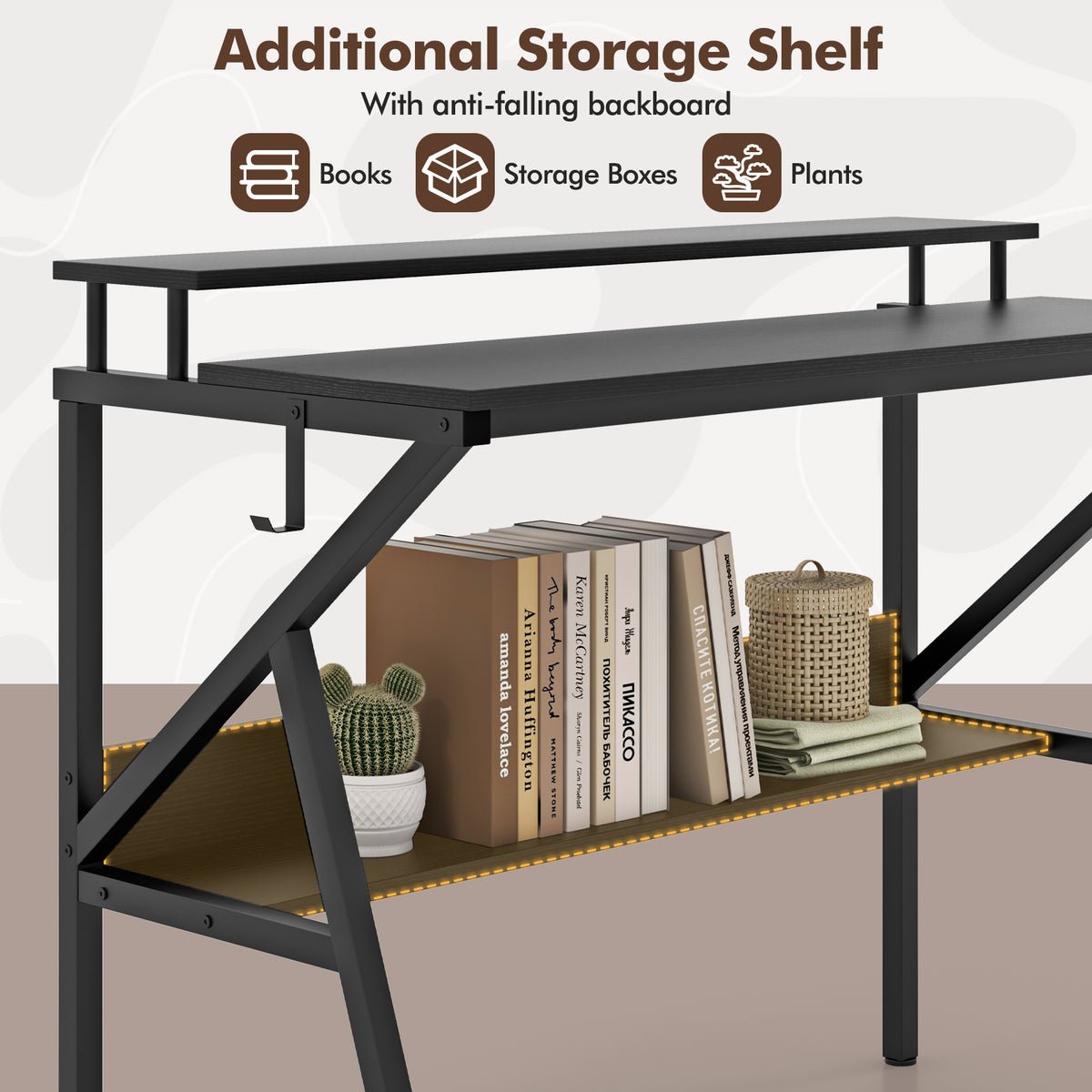 Computer Desk with Monitor Stand and Storage Shelf - Black