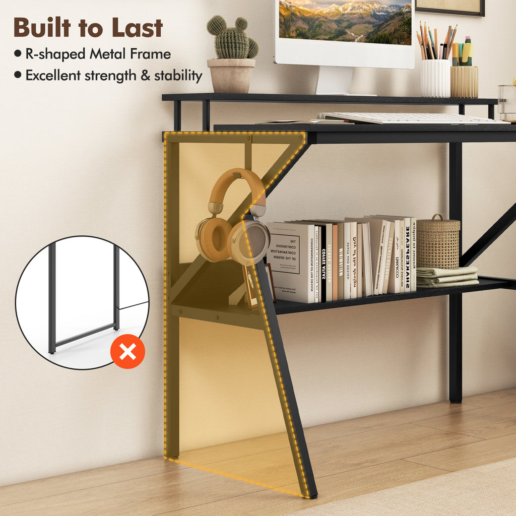 Computer Desk with Monitor Stand and Storage Shelf - Black