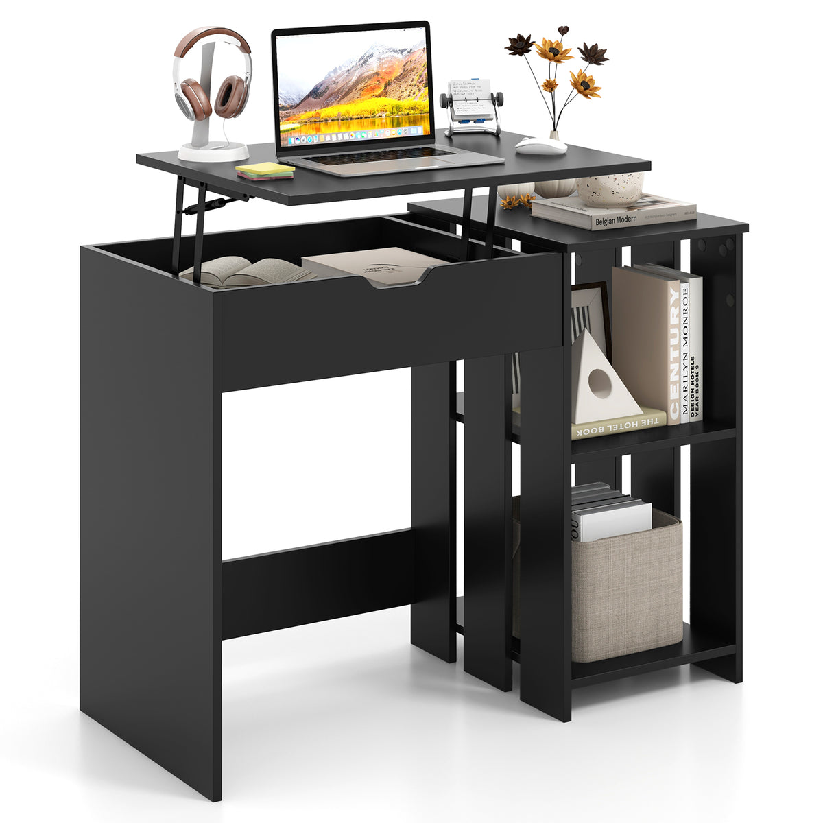 Standing Computer Desk with Storage Shelves - Black