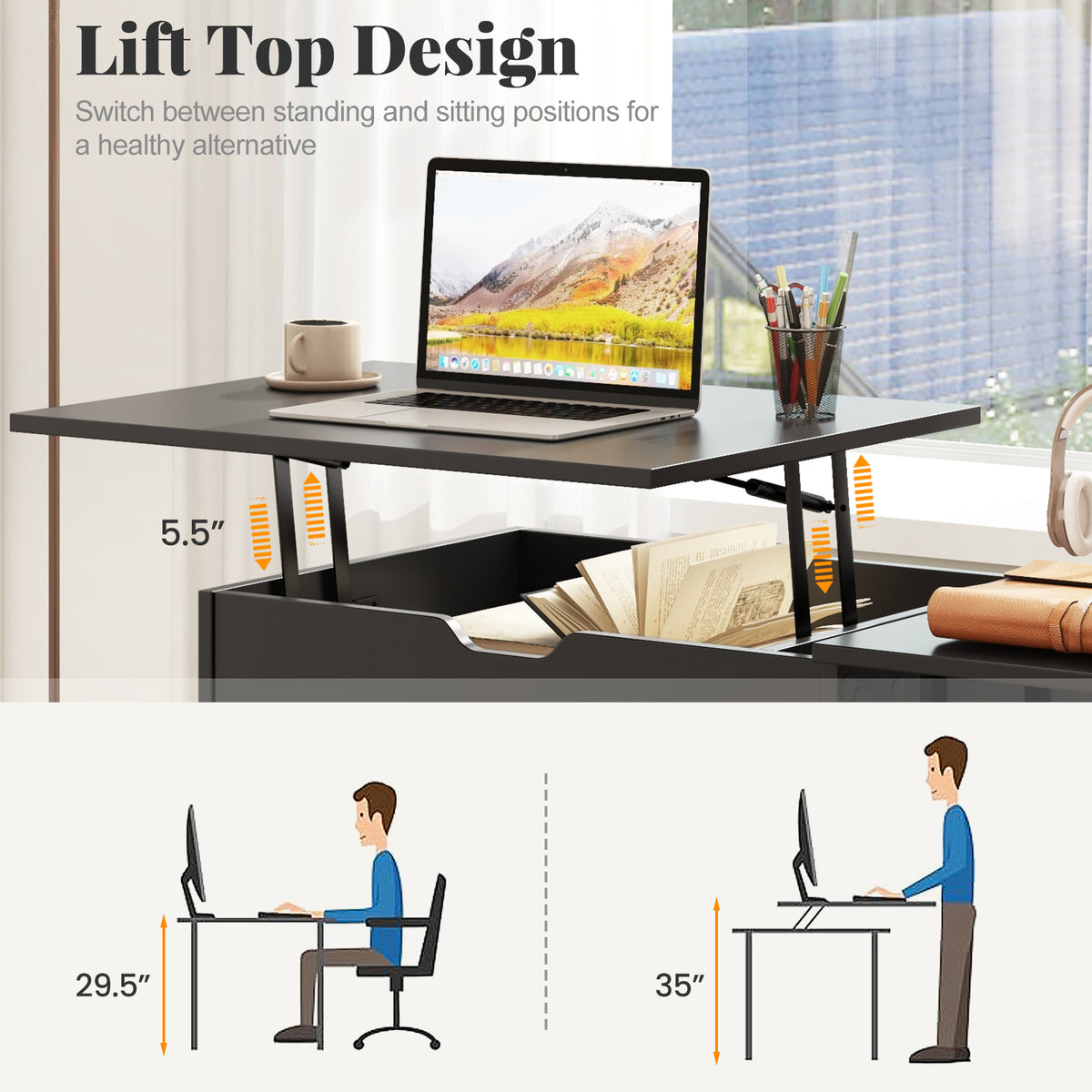 Standing Computer Desk with Storage Shelves - Black