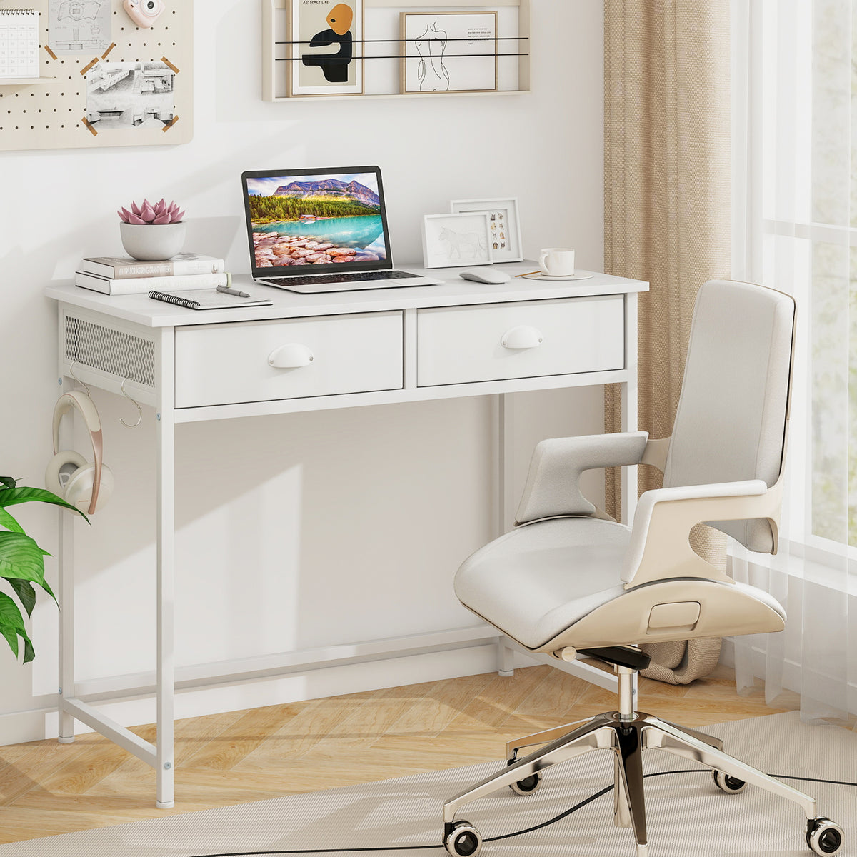 36" Computer Desk with Storage Drawers & Hooks - White