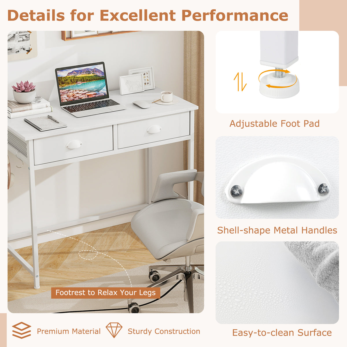 36" Computer Desk with Storage Drawers & Hooks - White